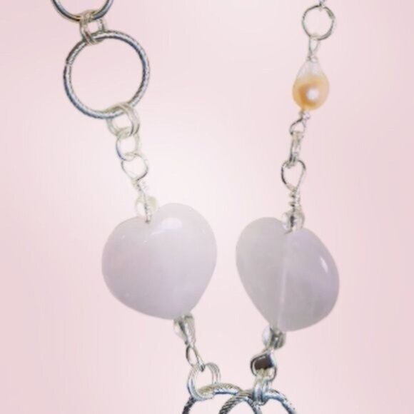 Handmade Vint Valentines Day Pendant Necklace w/ Pink Quartz & Freshwater Pearls - Picture 7 of 14